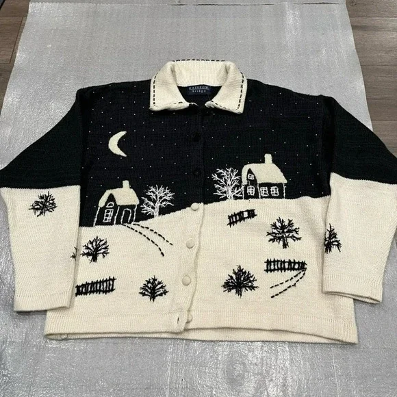[XL]Rainbow Bridge Winter Scene Embroidered Collared Button Knit Sweater - Picture 2 of 7